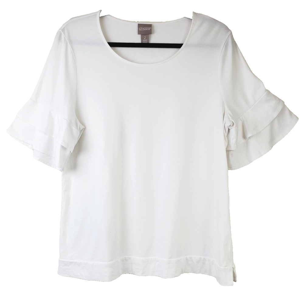 Chico's 2 Womens Large White Top Puff Ruffle Sleeve Cotton Modal Short Sleeve